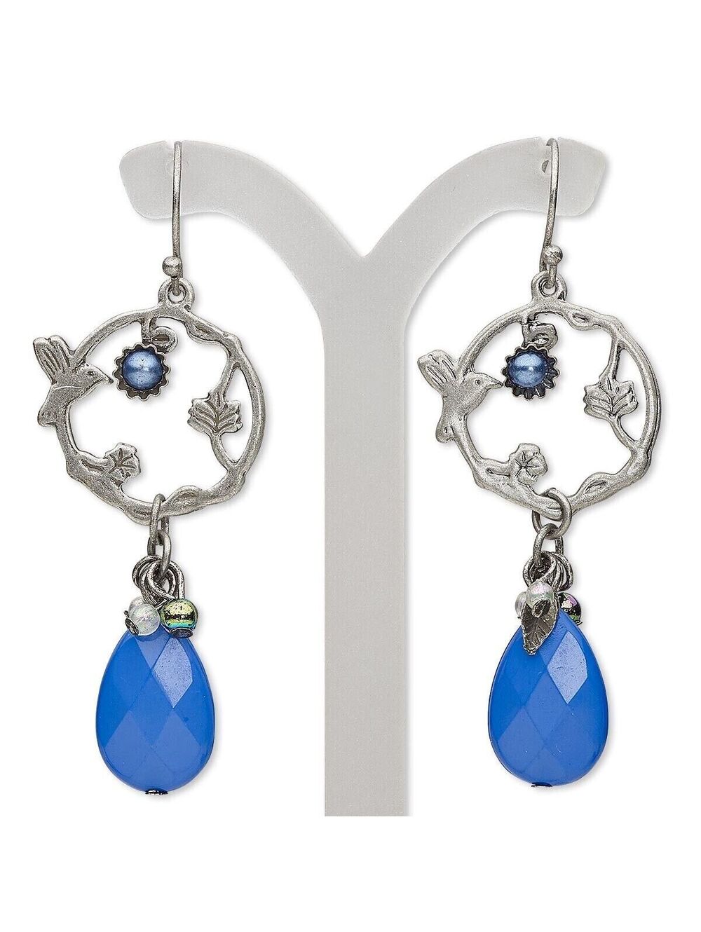 Birds and Leaves Circle Faceted Teardrop Baubles Antique Silver Plated Earrings
